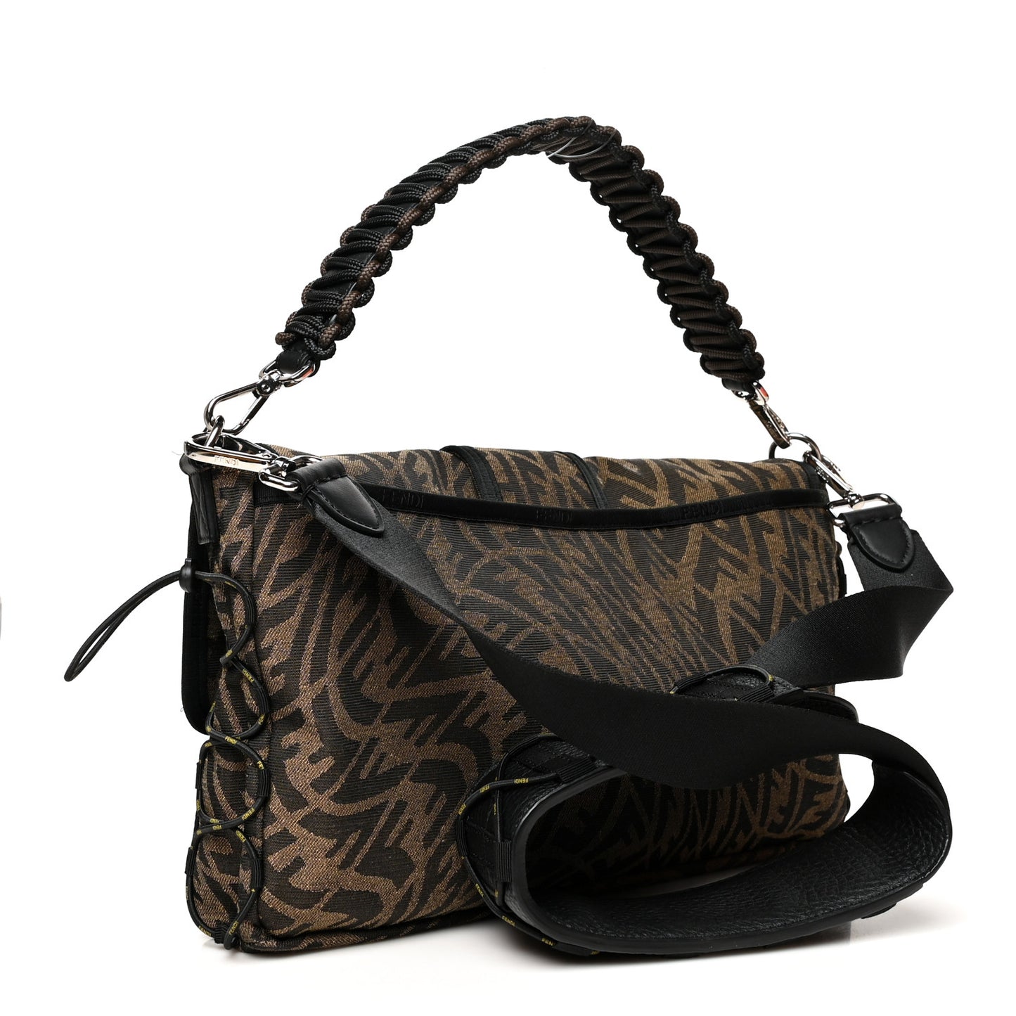 X SARAH COLEMAN Fabric Jacquard Vitello Grace FF Vertigo Woven Lanyard Large Baguette Tobacco Moro Black
