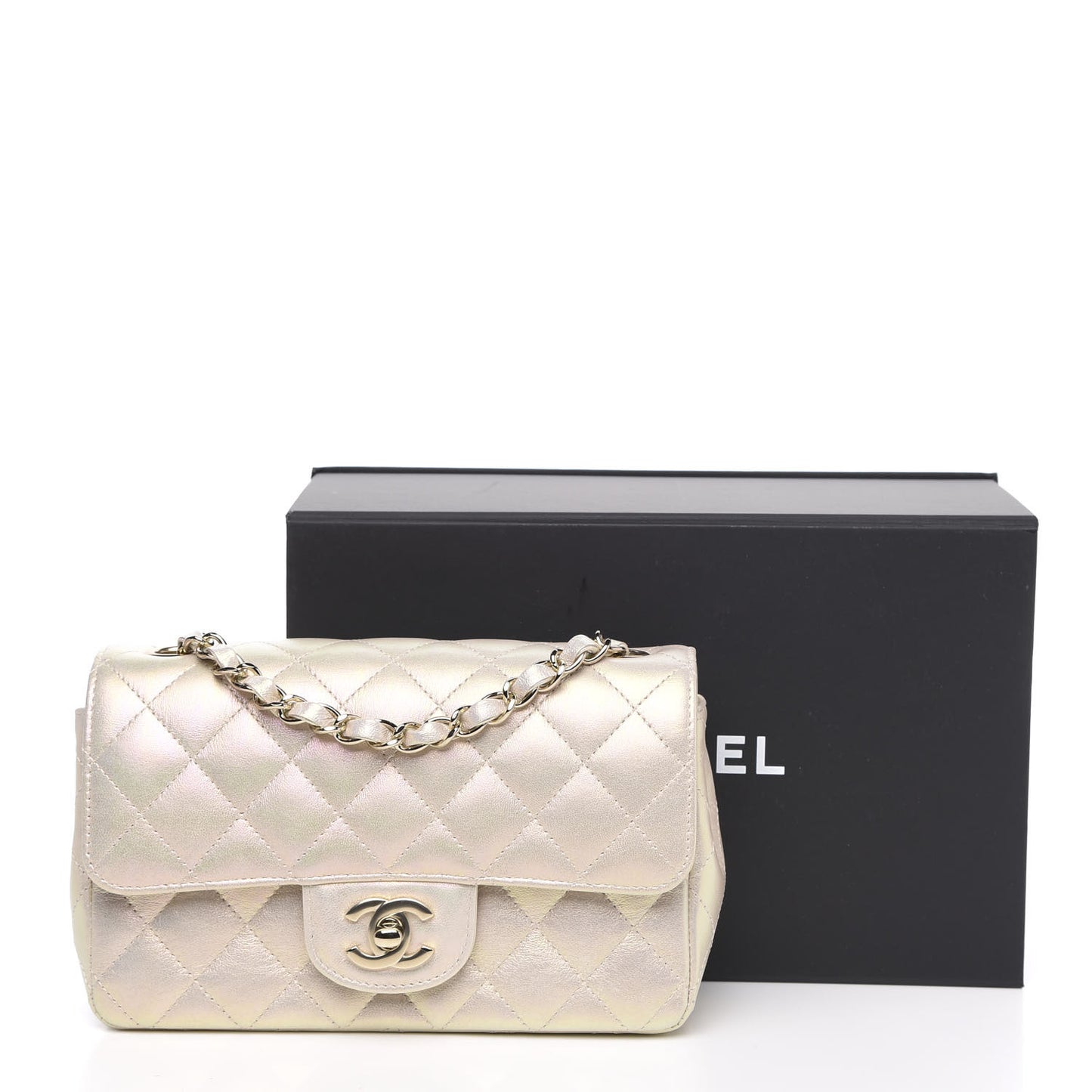 Iridescent Lambskin Quilted Mini Rectangular Flap Ivory