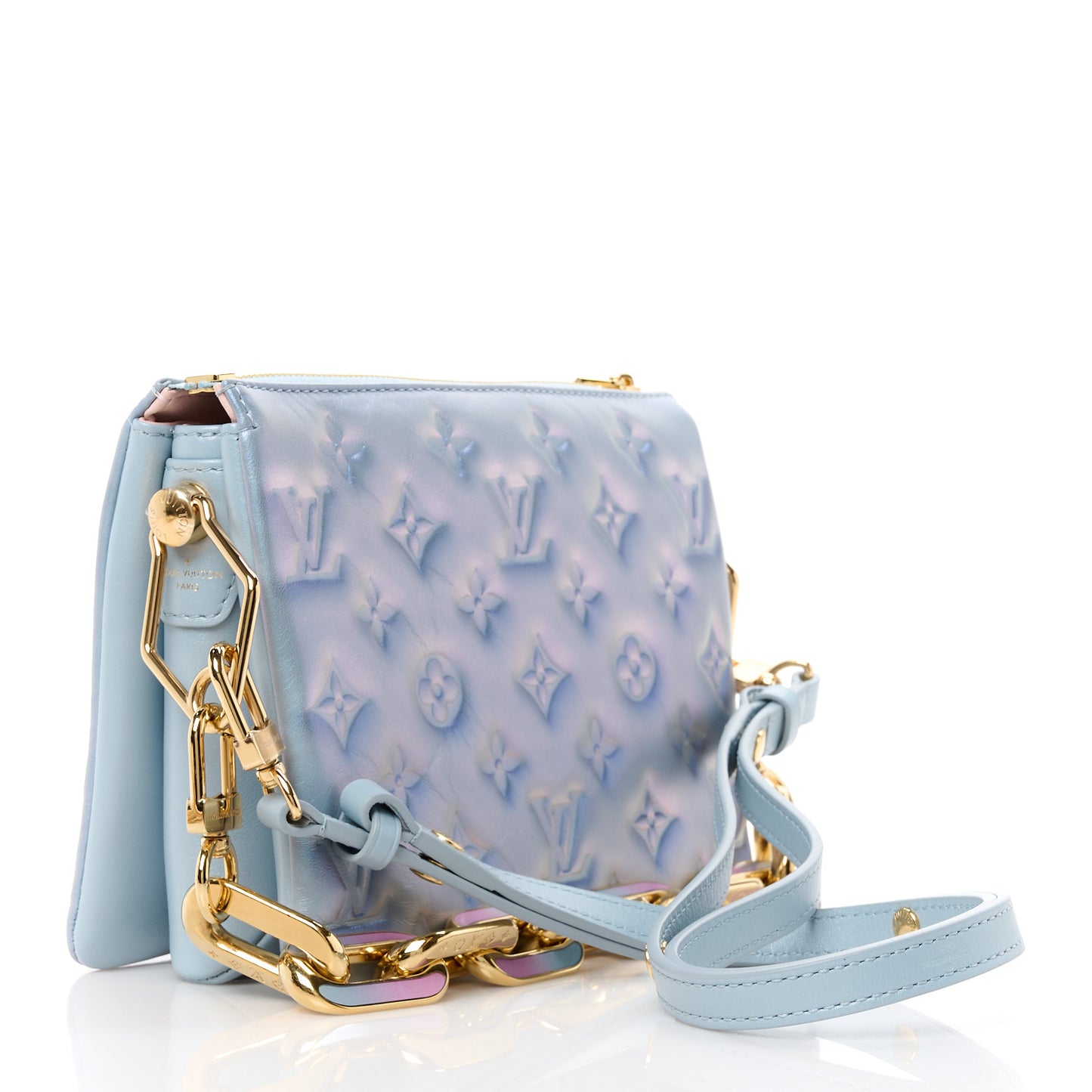 LOUIS VUITTON Metallic Lambskin Embossed Monogram Coussin BB Blue