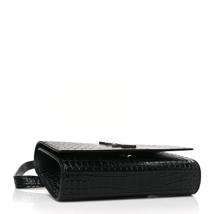 Saint Laurent Calfskin Crocodile Embossed Monogram Kate Belt Bag Black 4 of 9