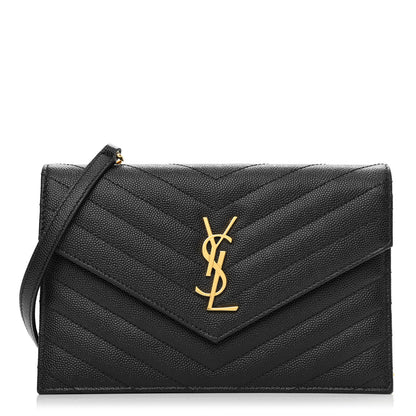 Saint Laurent Grain De Poudre Matelasse Chevron Monogram Envelope Chain Wallet Black 1 of 7