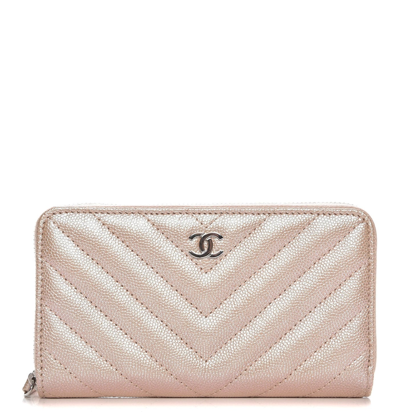 Metallic Caviar Chevron Quilted Small Zip Around Wallet Light Gold