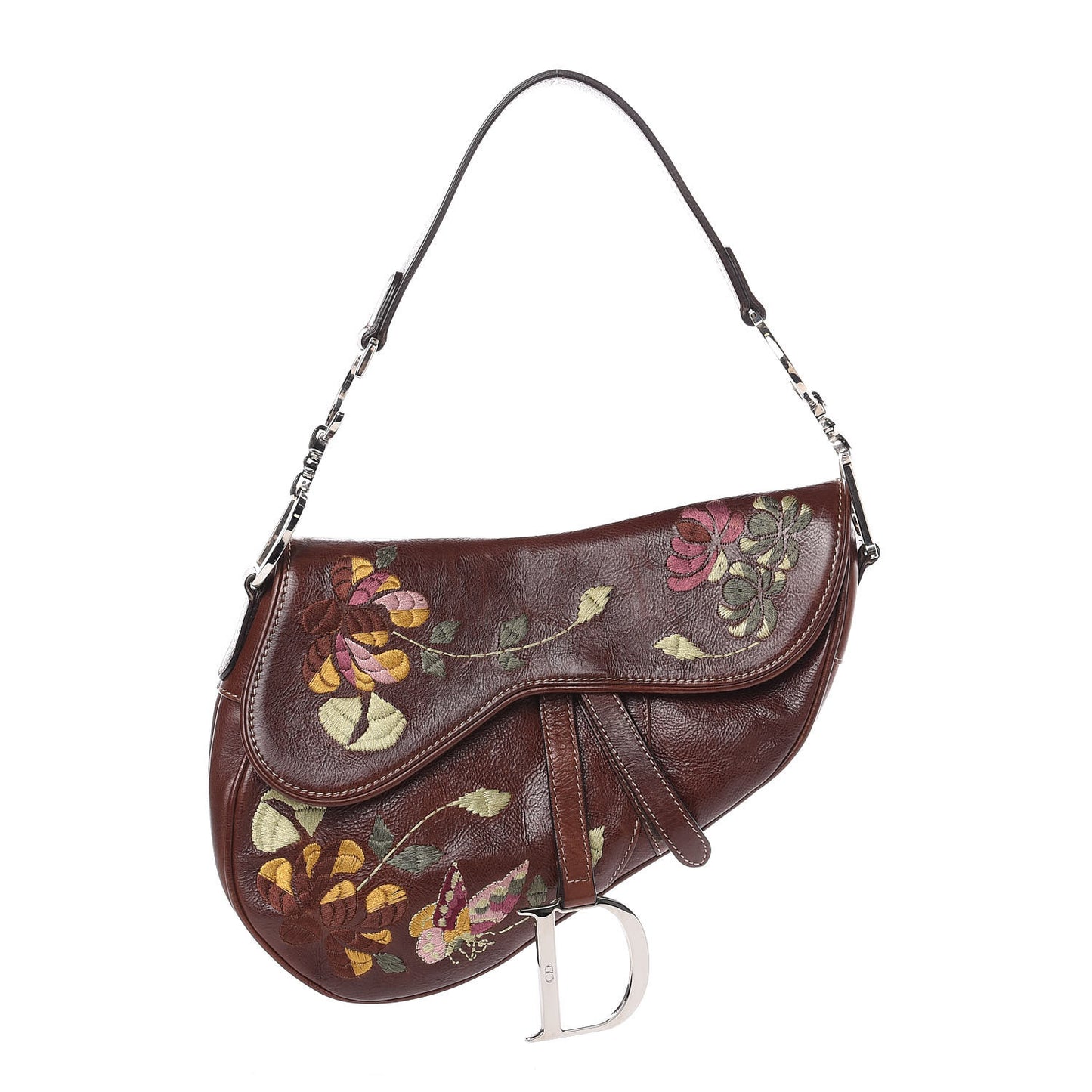 Calfskin Embroidered Romantic Flowers Saddle Bag Brown