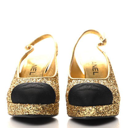 Chanel Glitter Grosgrain Cap Toe CC Slingback Pumps 36 Gold Black 3 of 9