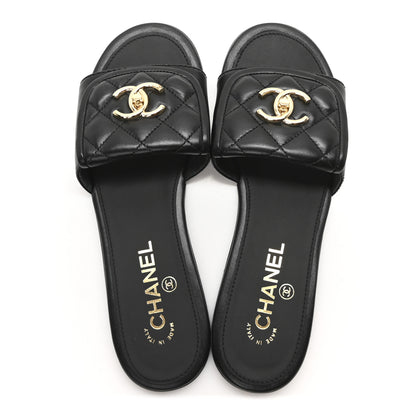 Chanel Lambskin Quilted Turnlock Flat Mules 37.5 Black 2 of 9