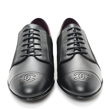 Chanel Calfskin Elastic Lace Up Cap Toe CC Loafers 36.5 Black 3 of 9
