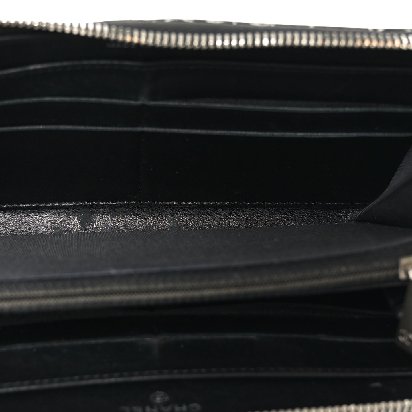 Lambskin Camellia Embossed Large Zip Around Gusset Wallet Black White