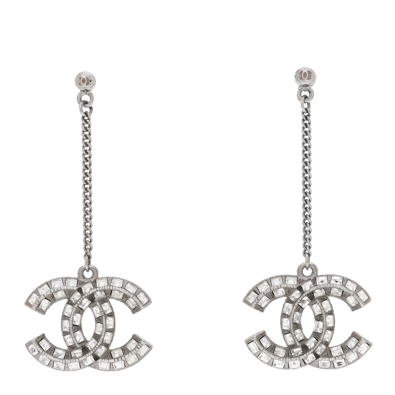 Chanel Baguette Crystal CC Drop Earrings Silver 1 of 5