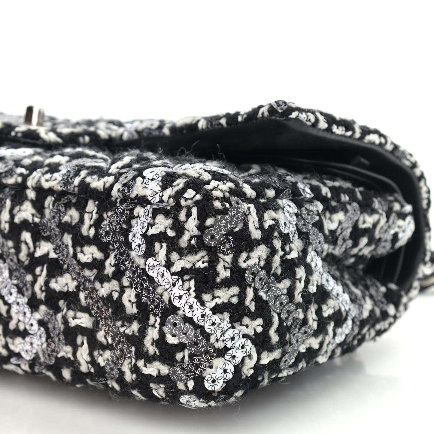 Tweed Sequin Quilted Medium Double Flap Black White