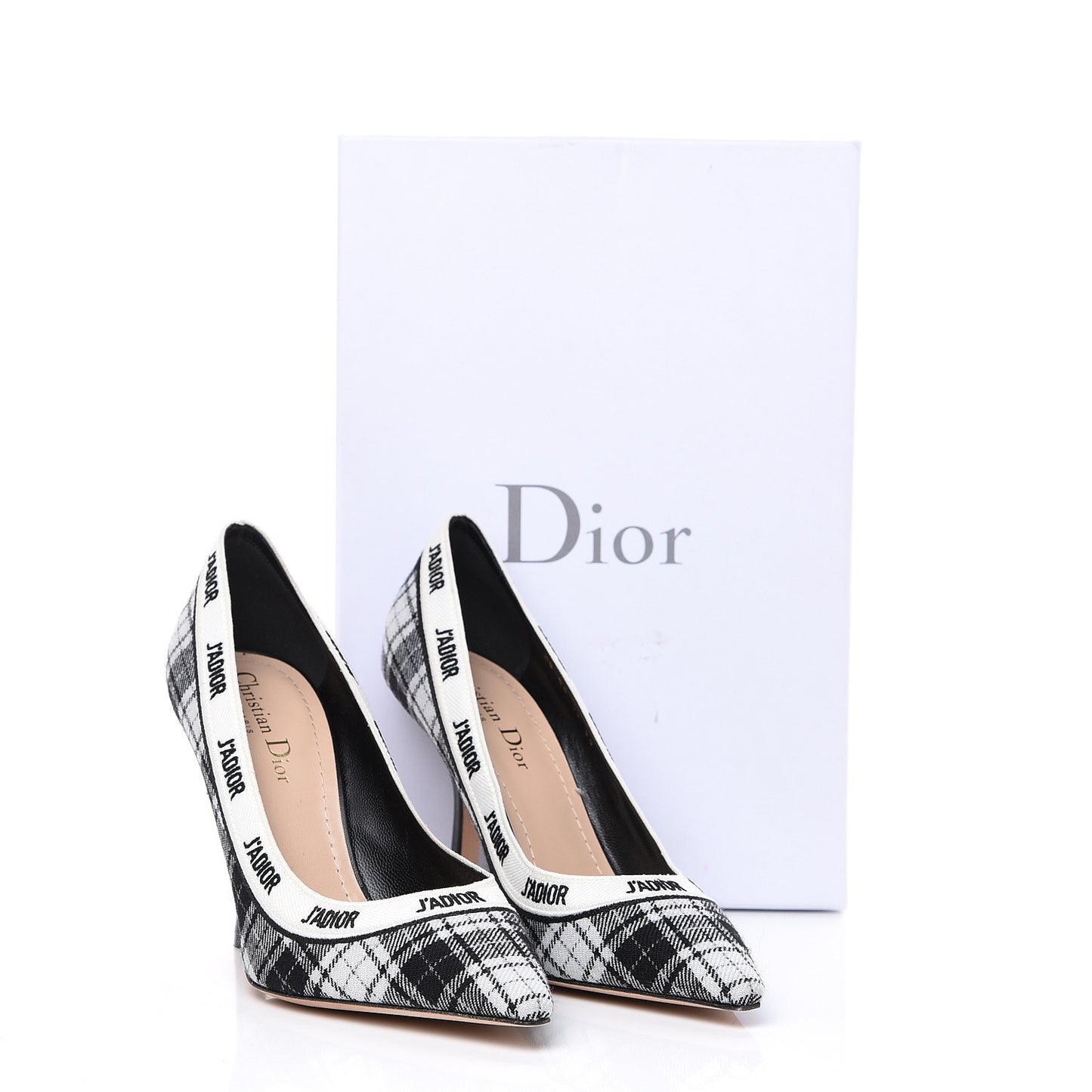 Canvas Ribbon Tartan Print Embroidered J'Adior 100mm Pumps 38 Black Off White