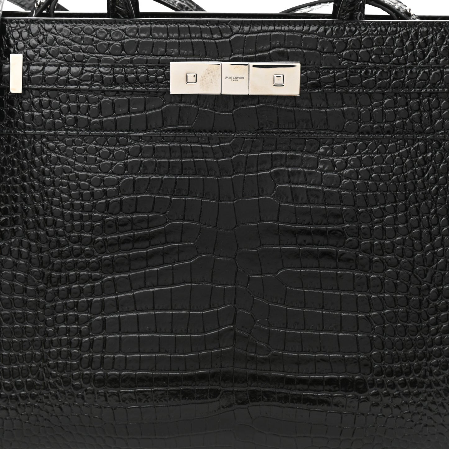 Shiny Calfskin Crocodile Embossed Small Manhattan Shopper Tote Black