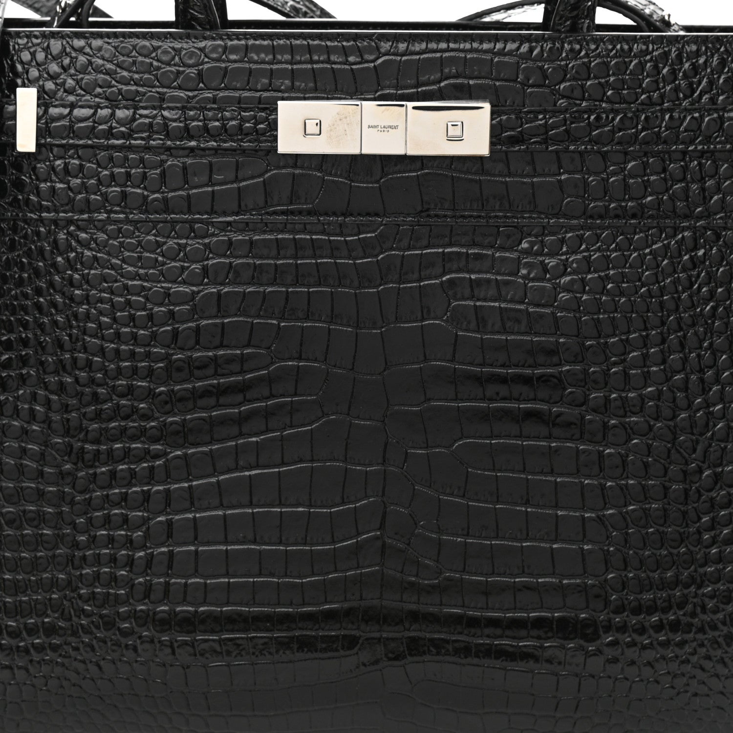 Saint Laurent Shiny Calfskin Crocodile Embossed Small Manhattan Shopper Tote Black 8 of 10