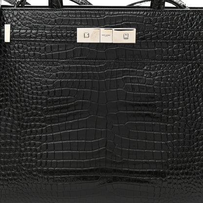 Saint Laurent Shiny Calfskin Crocodile Embossed Small Manhattan Shopper Tote Black 8 of 10
