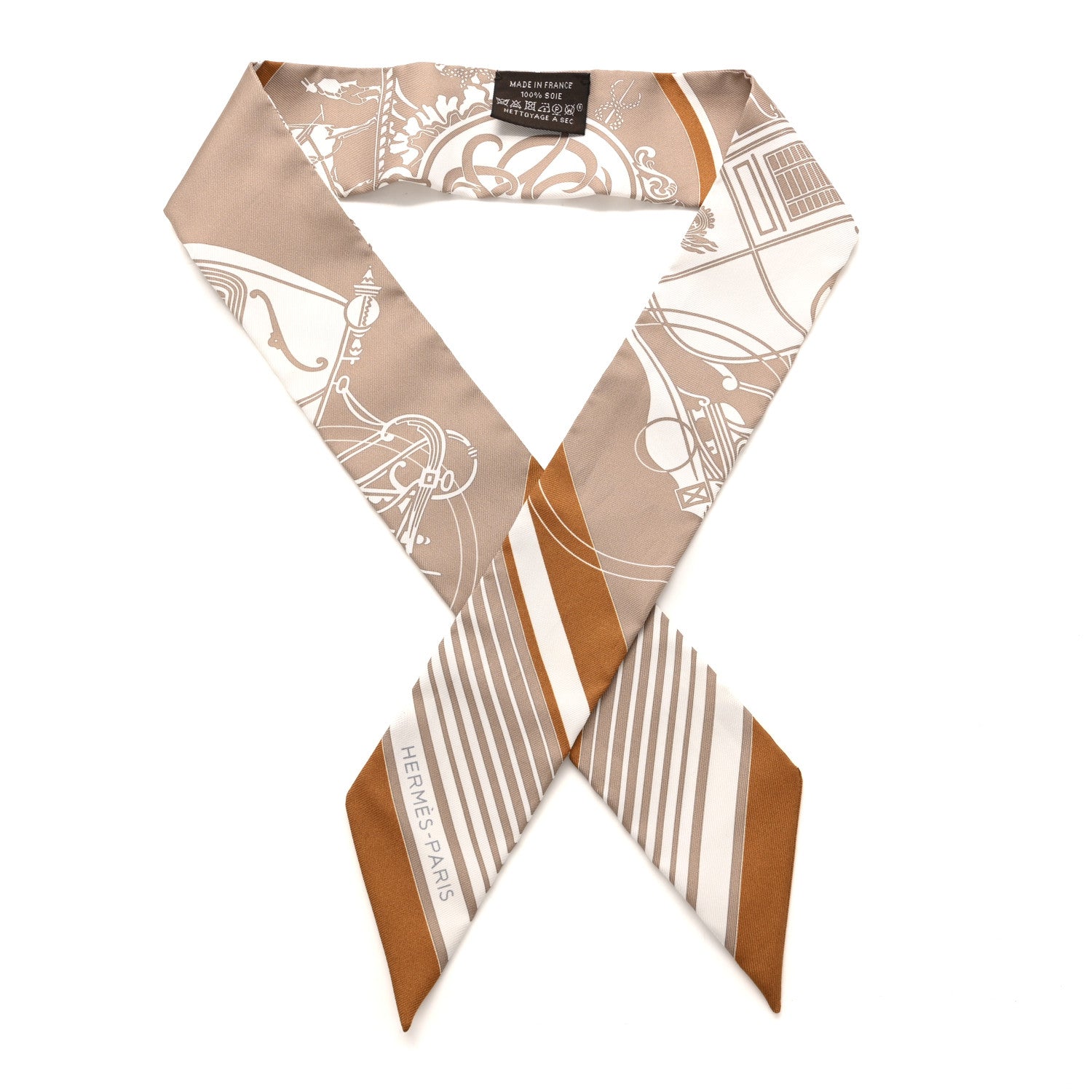 Hermes Silk Ex-Libris Forever Twilly Beige White Caramel 1 of 5