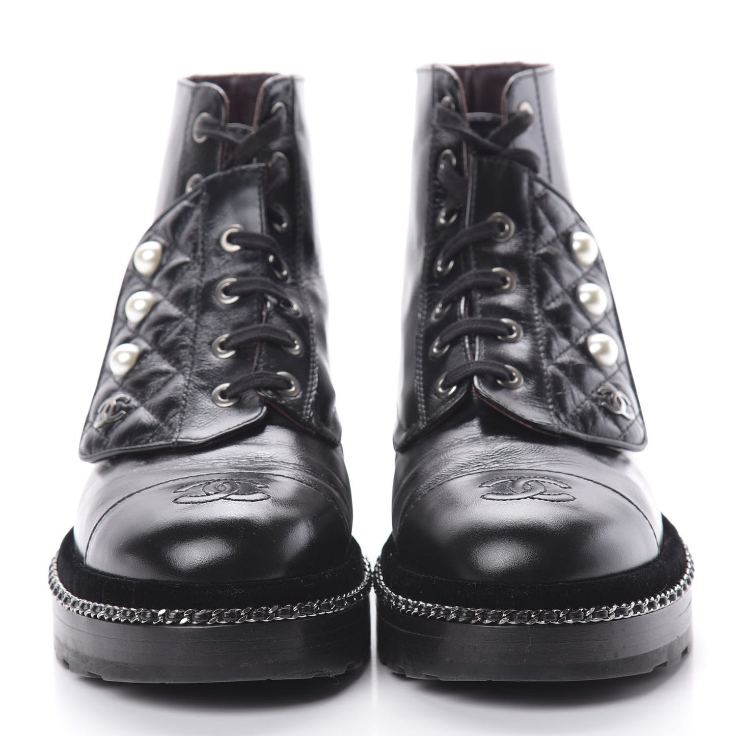 Crackled Calfskin Velvet Pearl Combat Short Boots 37.5 Black