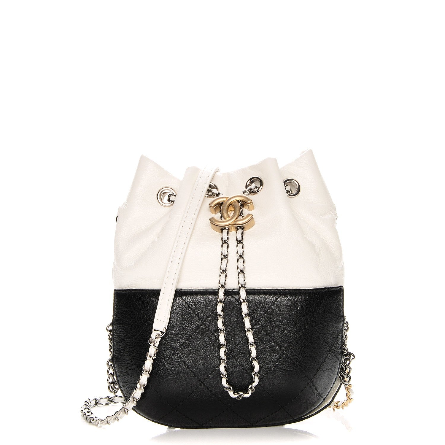Chanel Aged Calfskin Quilted Small Gabrielle Bucket White Black 1 of 8