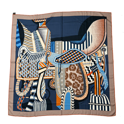 Hermes Cashmere Silk La Selle Imaginaire Shawl 140 Marron Glace Bleu 1 of 4
