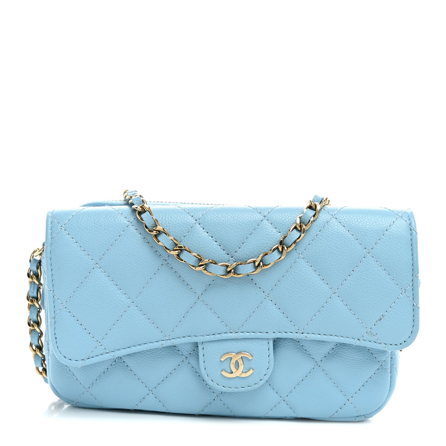 Caviar Quilted Flap Phone Holder With Chain Light Blue