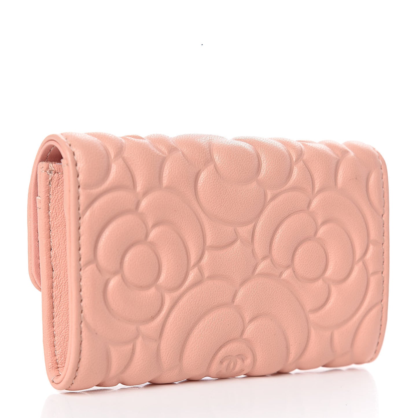 Goatskin Camellia Embossed Flap Card Holder Pink
