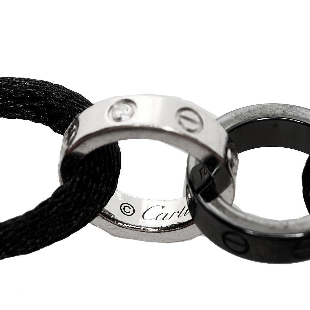 18K White Gold Ceramic 4 Diamond LOVE Cord Bracelet Black