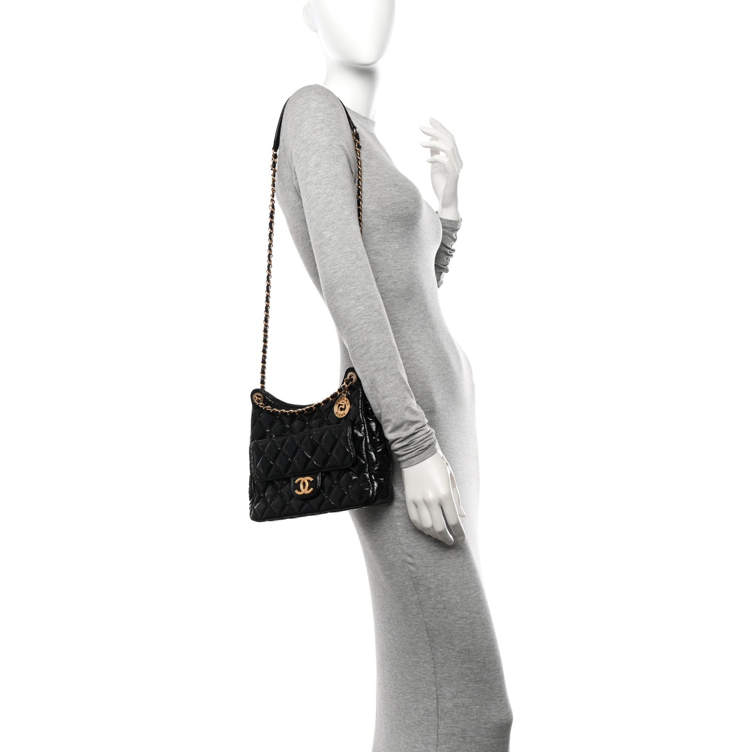 Chanel Shiny Crumpled Calfskin Quilted Wavy CC Hobo Black 2 of 11