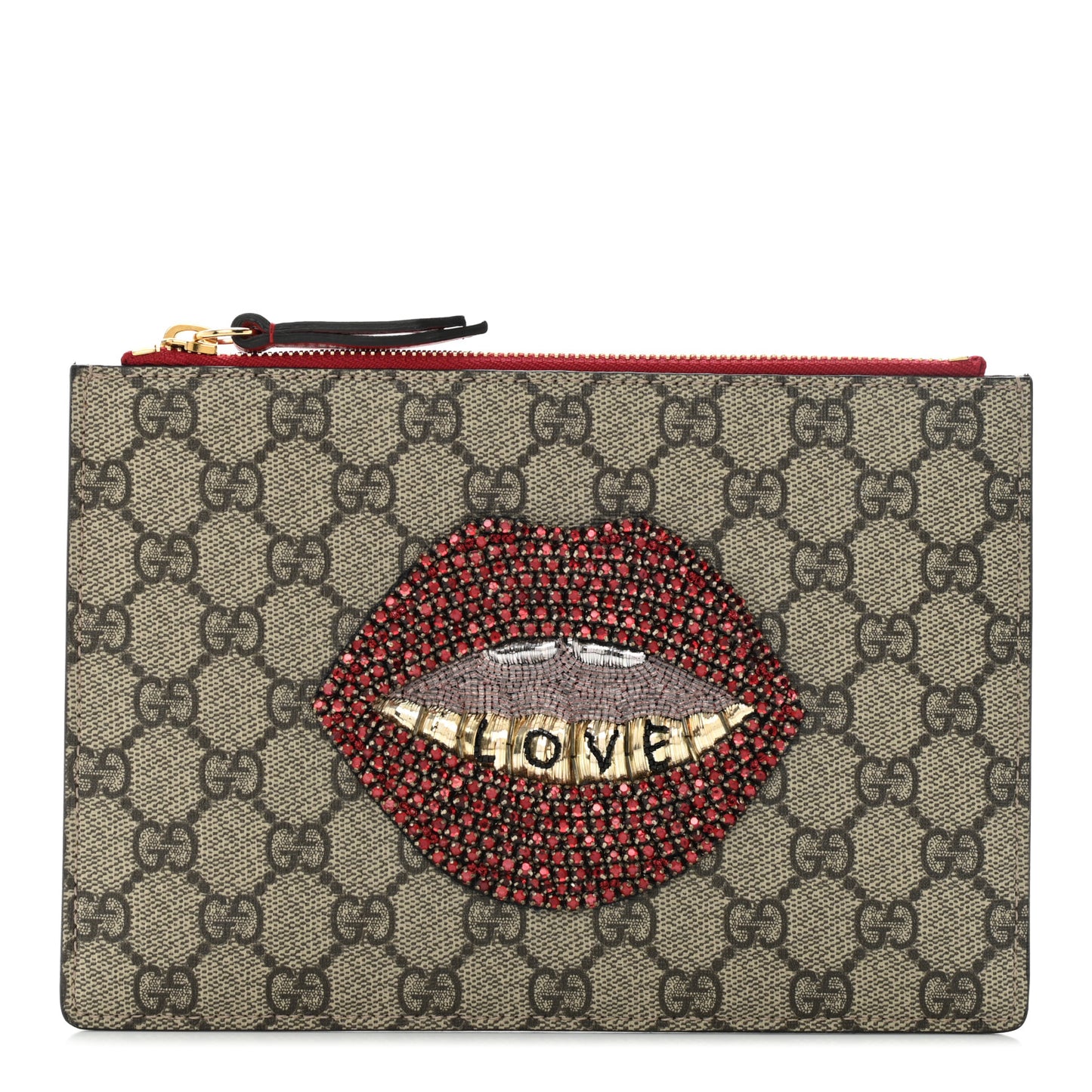 GG Supreme Monogram Merveilles Lips Zip Pouch Hibiscus Red