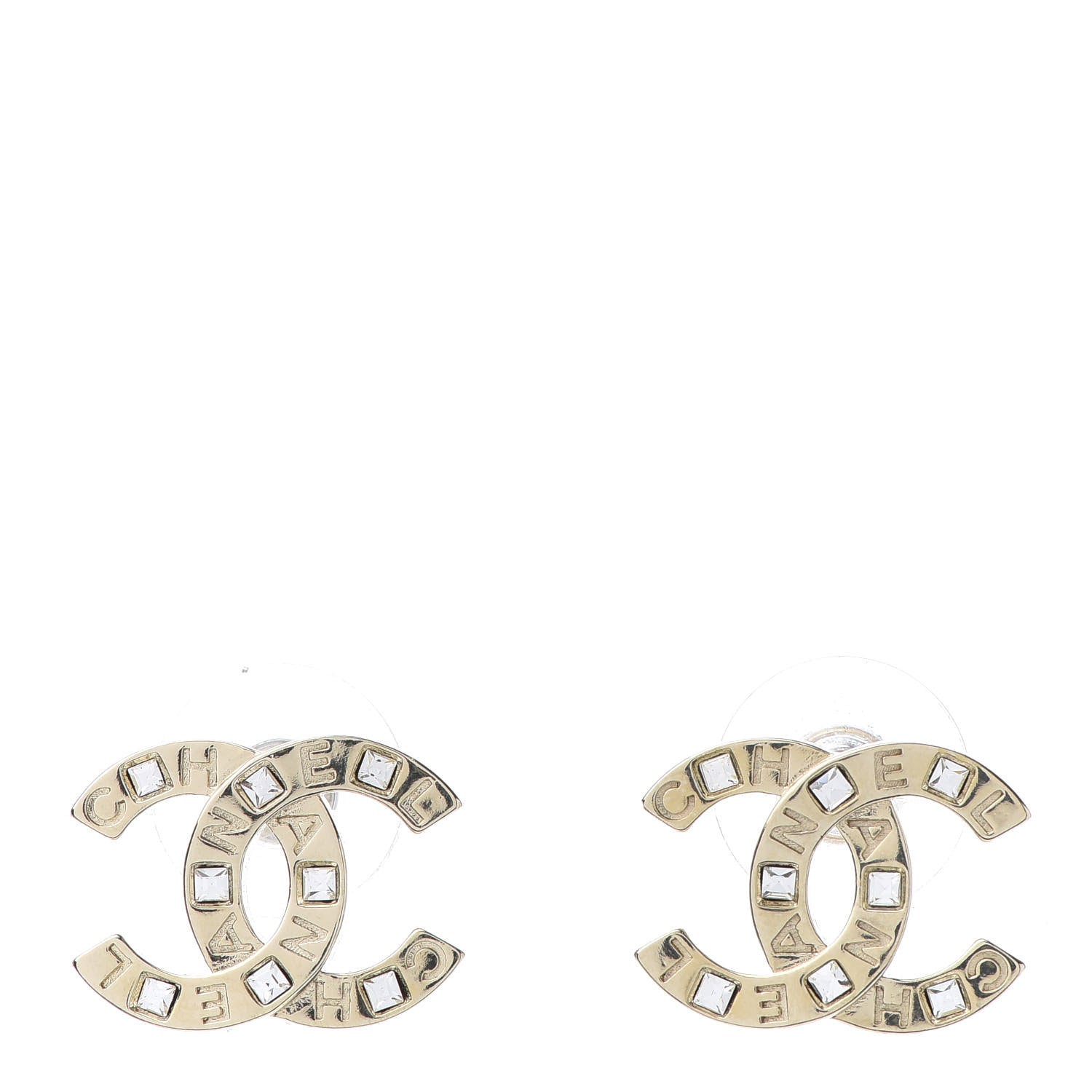 Chanel Crystal Metal CC Paris Button Stud Earrings Gold 1 of 5