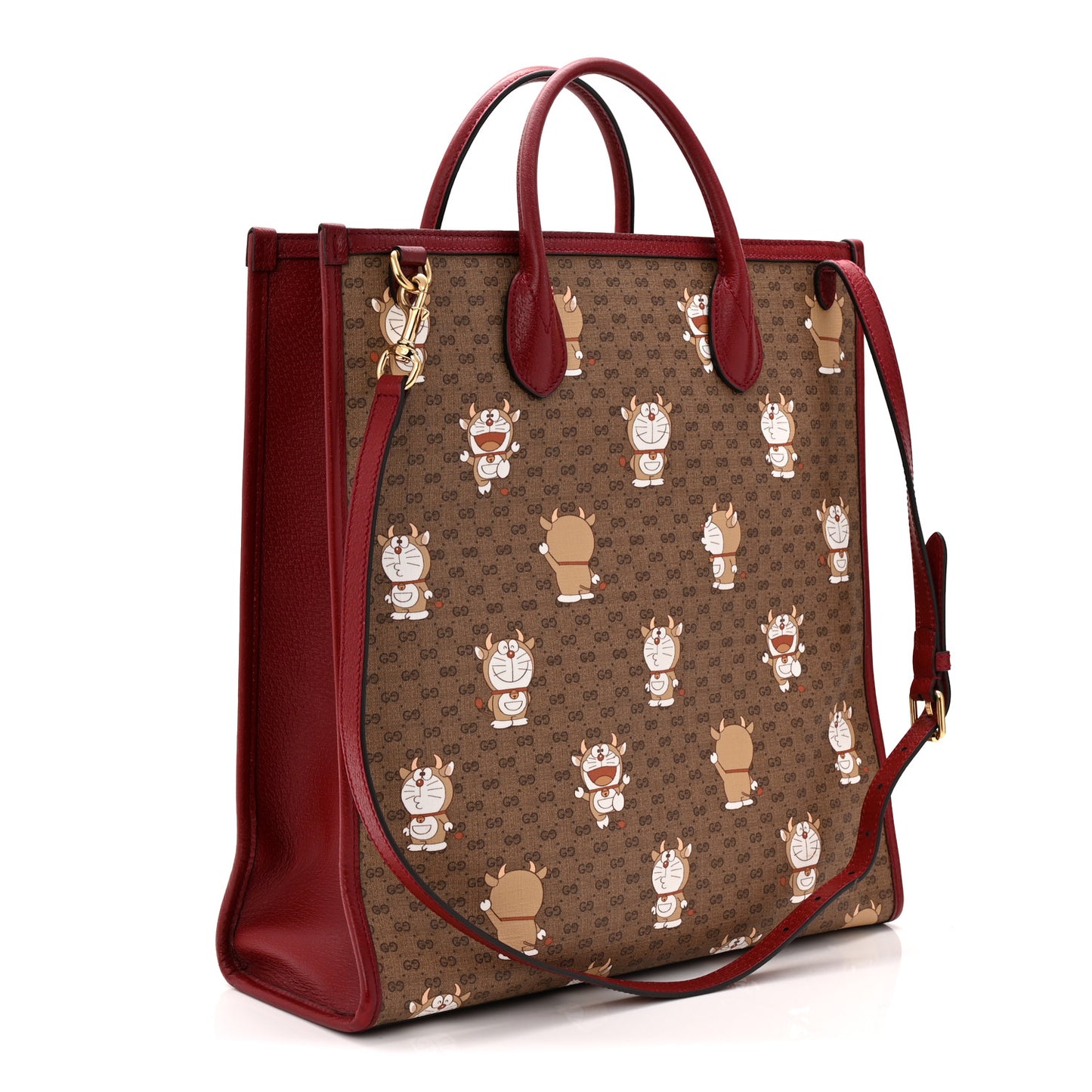 X DORAEMON Vintage Mini GG Supreme Monogram Medium Tote Bag Beige Cherry Red