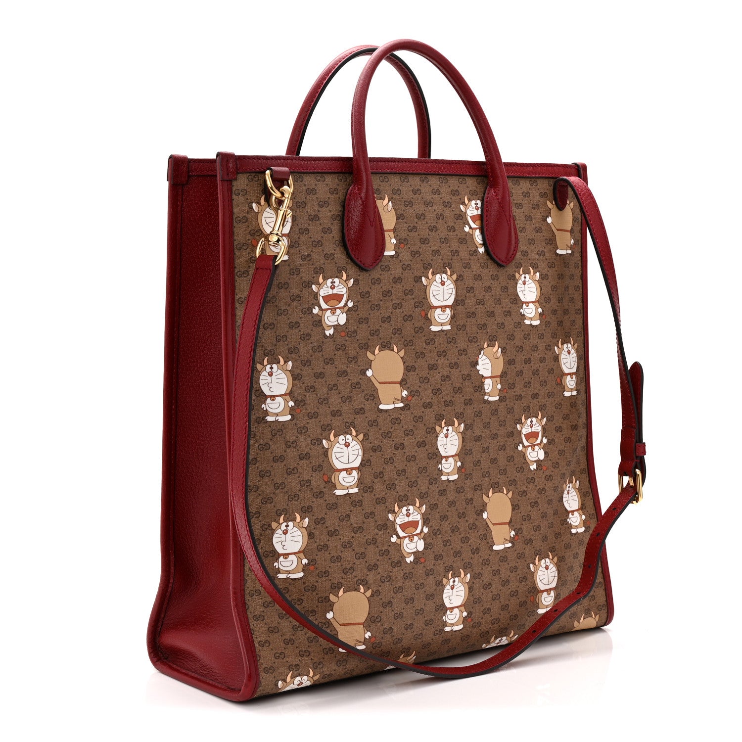 Gucci X DORAEMON Vintage Mini GG Supreme Monogram Medium Tote Bag Beige Cherry Red 3 of 10