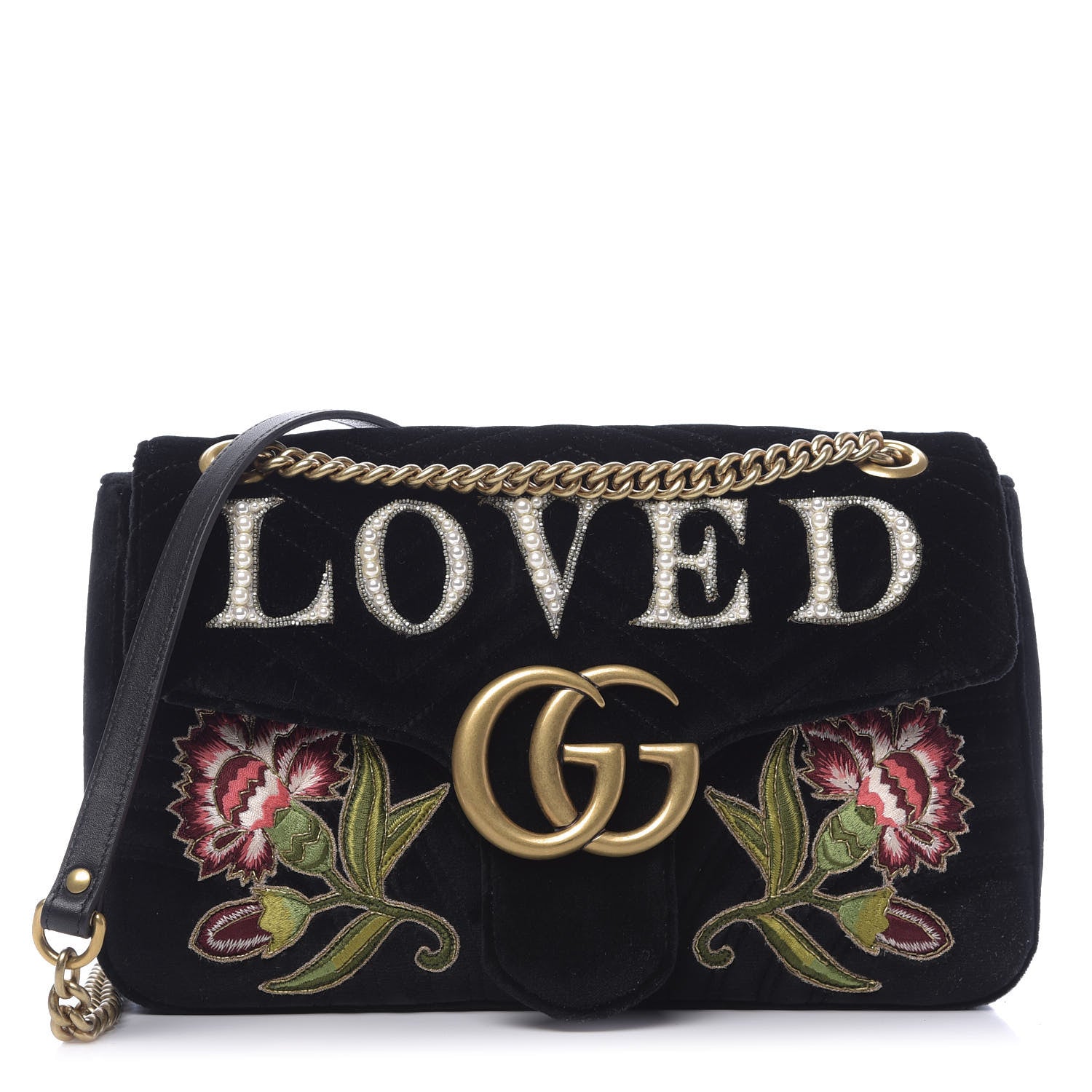 Gucci Velvet Matelasse Loved Embroidered Medium GG Marmont Shoulder Bag Black 1 of 9