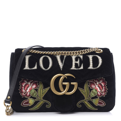 Gucci Velvet Matelasse Loved Embroidered Medium GG Marmont Shoulder Bag Black 1 of 9