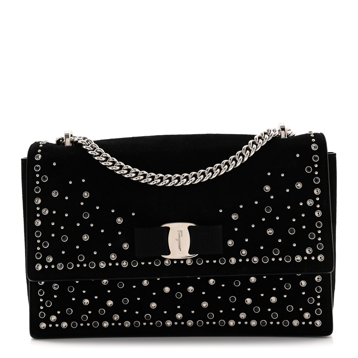 Suede Calfskin Studded Crystal Ginny Vara Bow Shoulder Bag Black