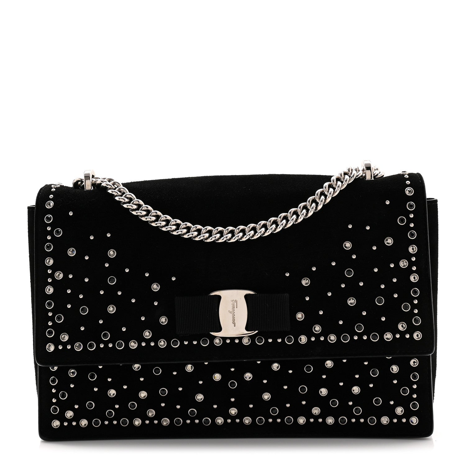 Salvatore Ferragamo Suede Calfskin Studded Crystal Ginny Vara Bow Shoulder Bag Black 1 of 9