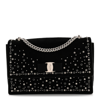 Salvatore Ferragamo Suede Calfskin Studded Crystal Ginny Vara Bow Shoulder Bag Black 1 of 9