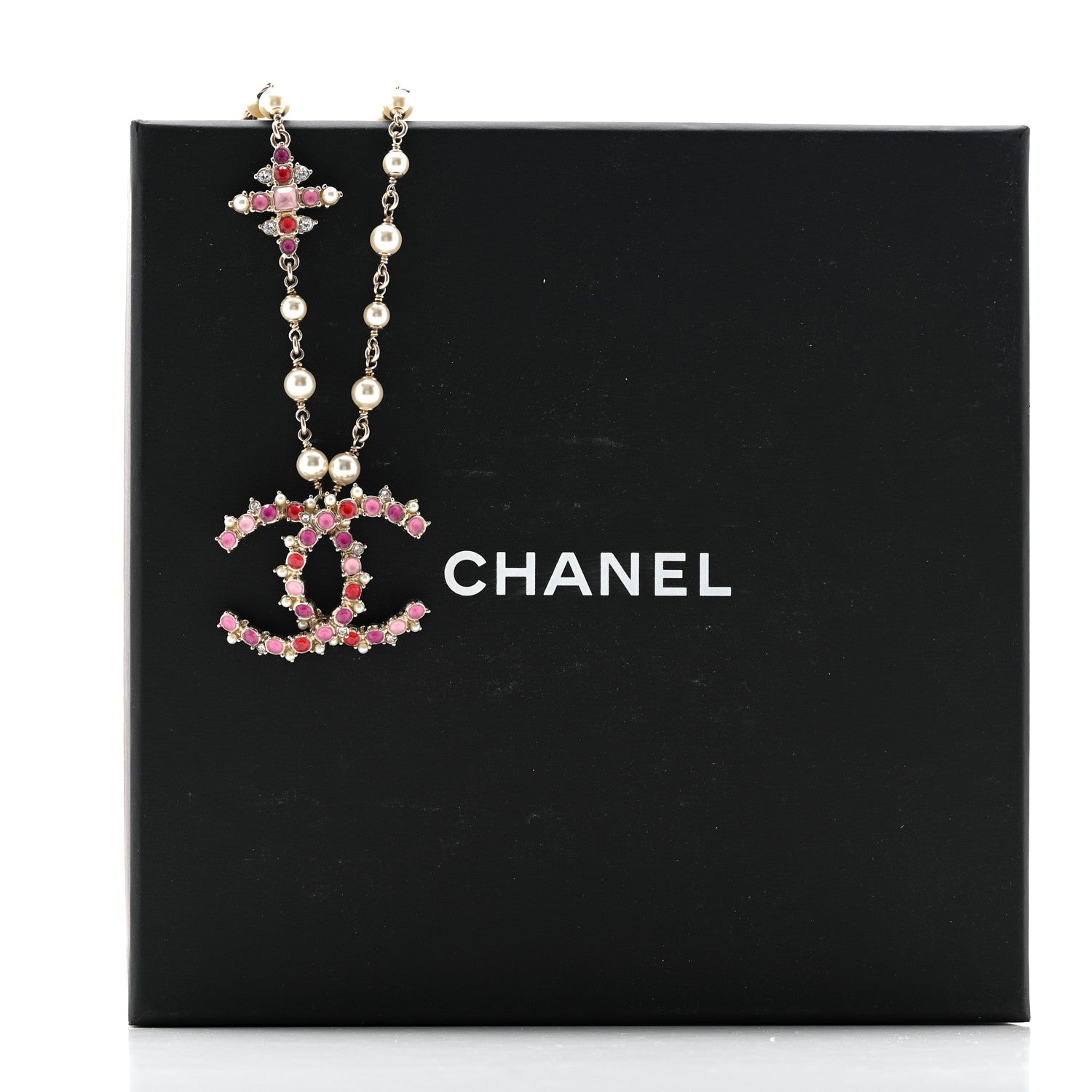 Chanel Pearl Crystal Beaded CC Pendant Necklace Gold Pink 6 of 6