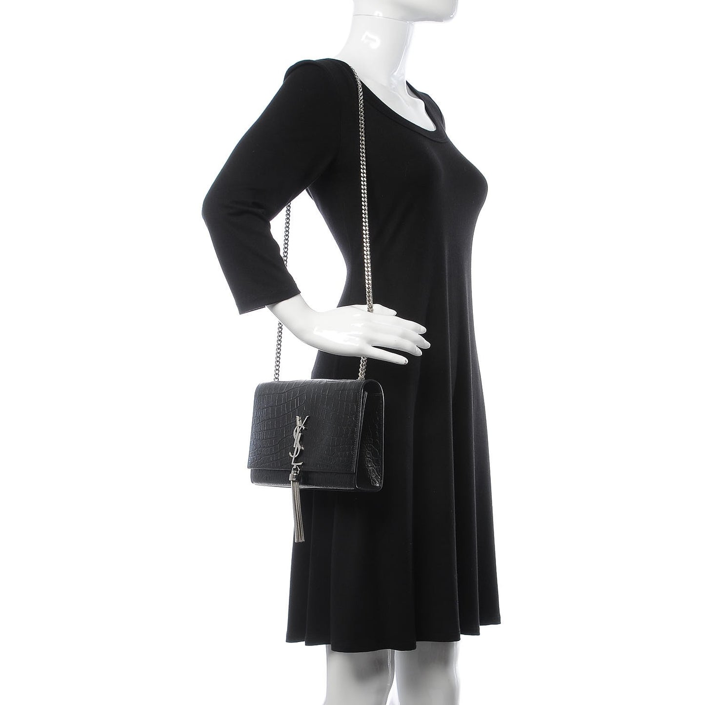 Calfskin Crocodile Embossed Medium Classic Monogram Kate Tassel Satchel Black