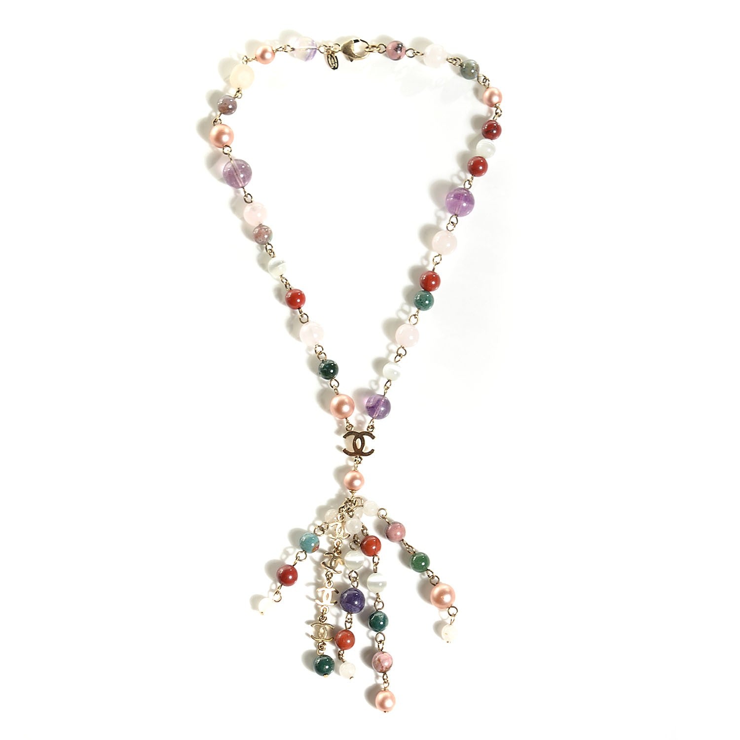 Chanel Beaded Pearl CC Long Strand Necklace Gold Multicolor 3 of 4