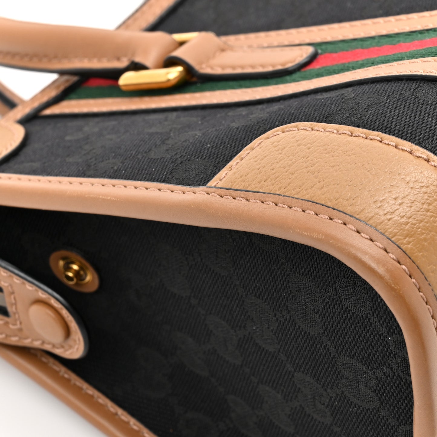 Monogram Textured Dollar Calfskin Web Small Bauletto Duffle Top Handle Bag Black Koi Beige