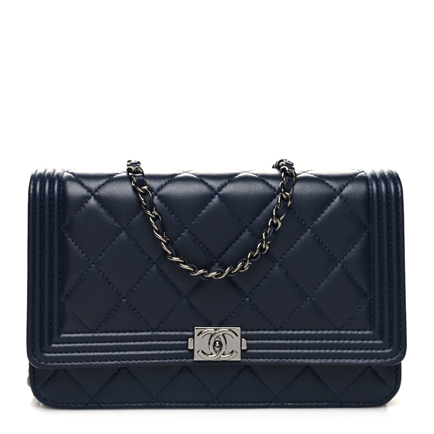 Lambskin Quilted Boy Wallet On Chain WOC Navy Blue