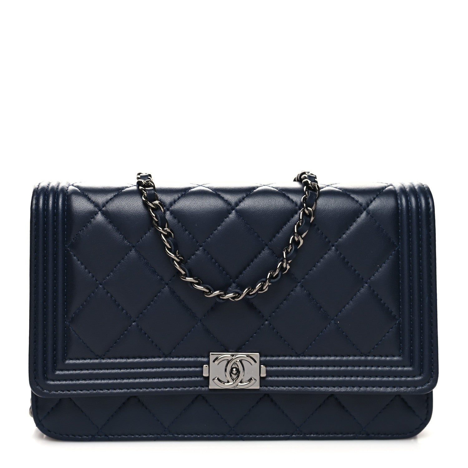 Chanel Lambskin Quilted Boy Wallet On Chain WOC Navy Blue 1 of 11