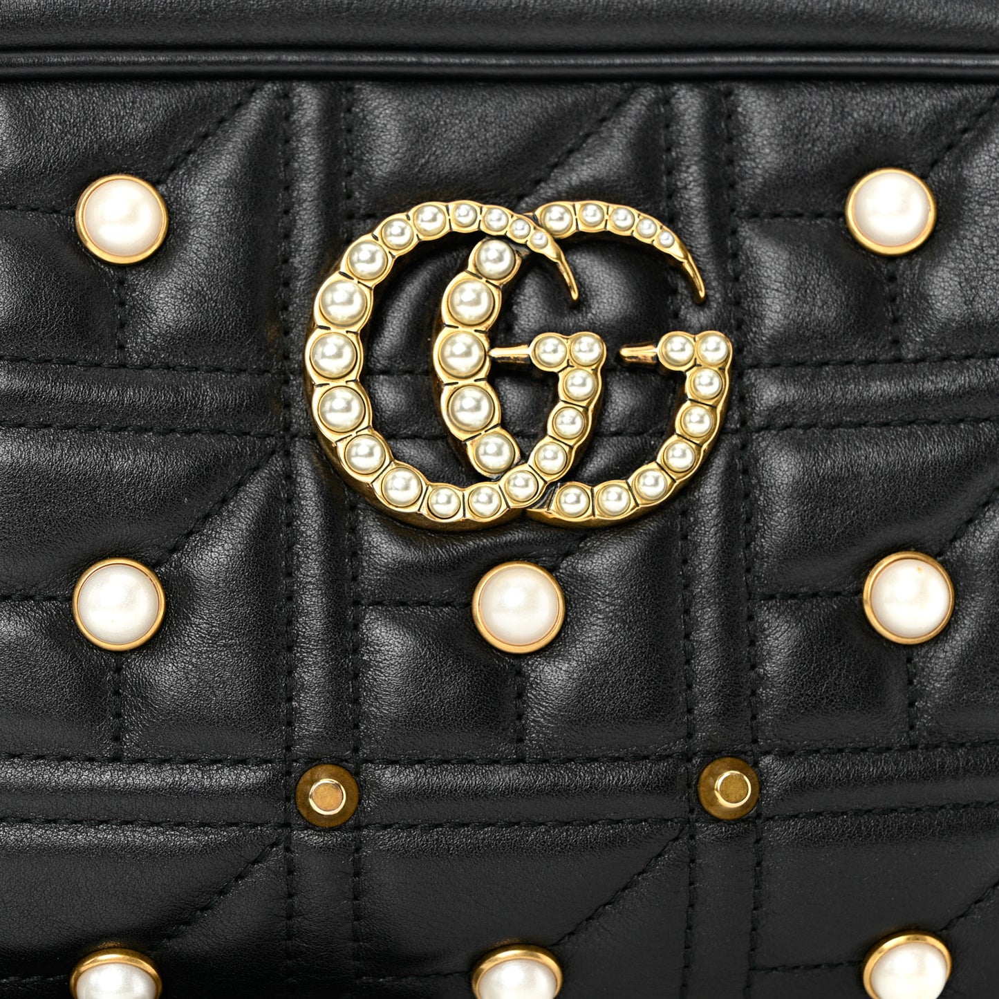 Calfskin Matelasse Studded Small Pearly GG Marmont Chain Shoulder Bag Black