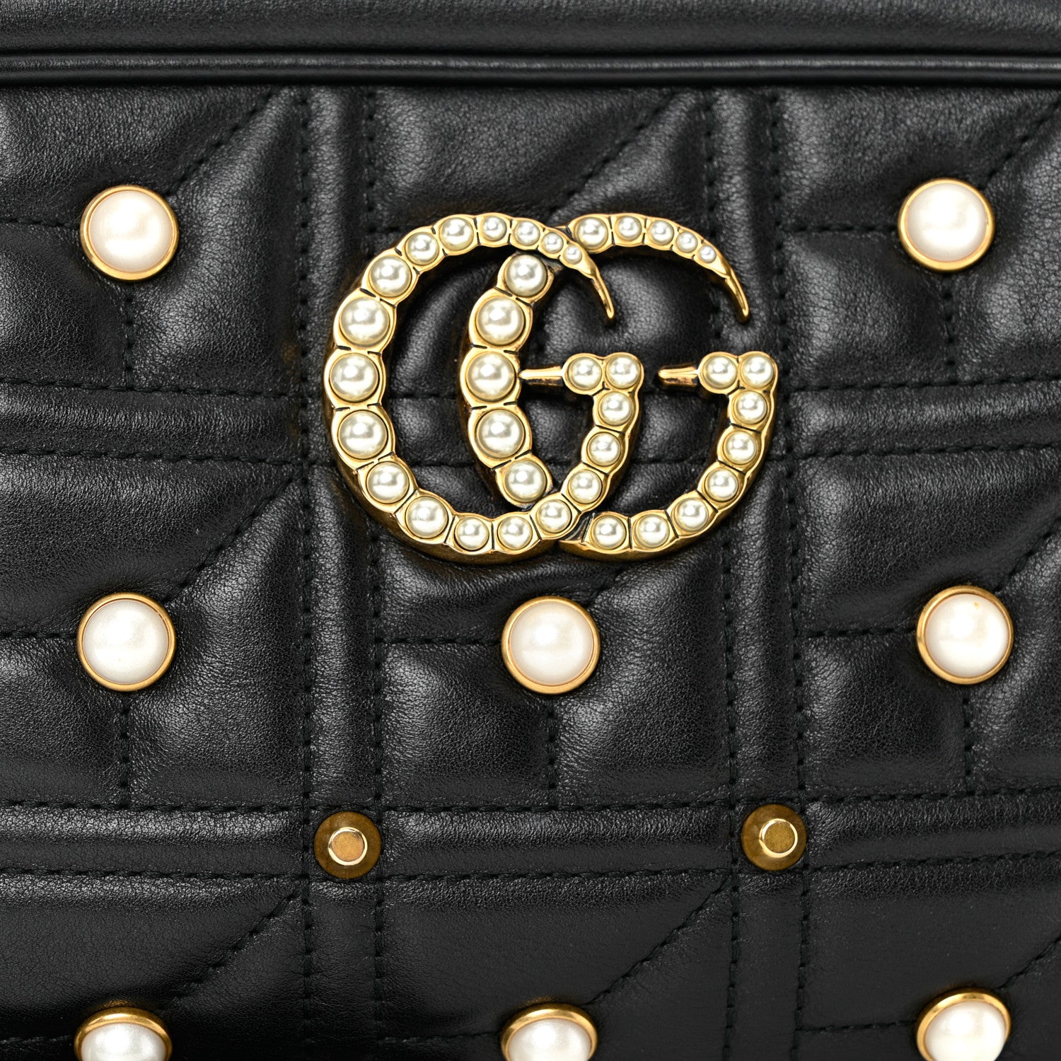 Gucci Calfskin Matelasse Studded Small Pearly GG Marmont Chain Shoulder Bag Black 8 of 10
