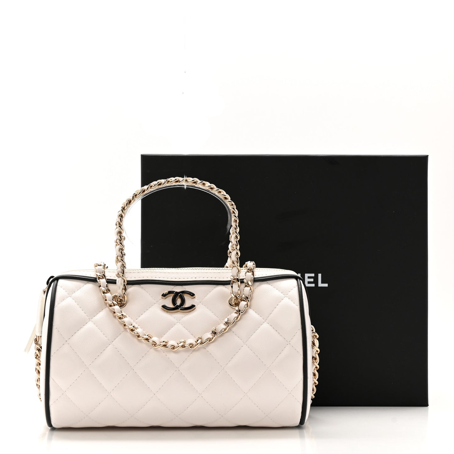 Lambskin Quilted Barrel Clutch With Chain White