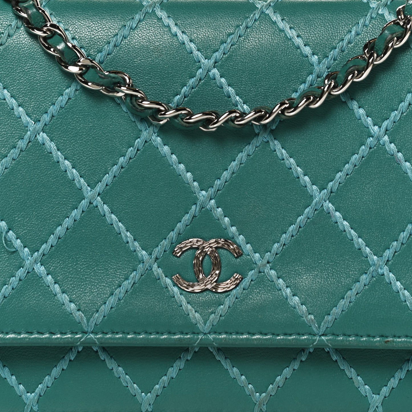 Calfskin Diamond Stitch Wallet On Chain WOC Turquoise