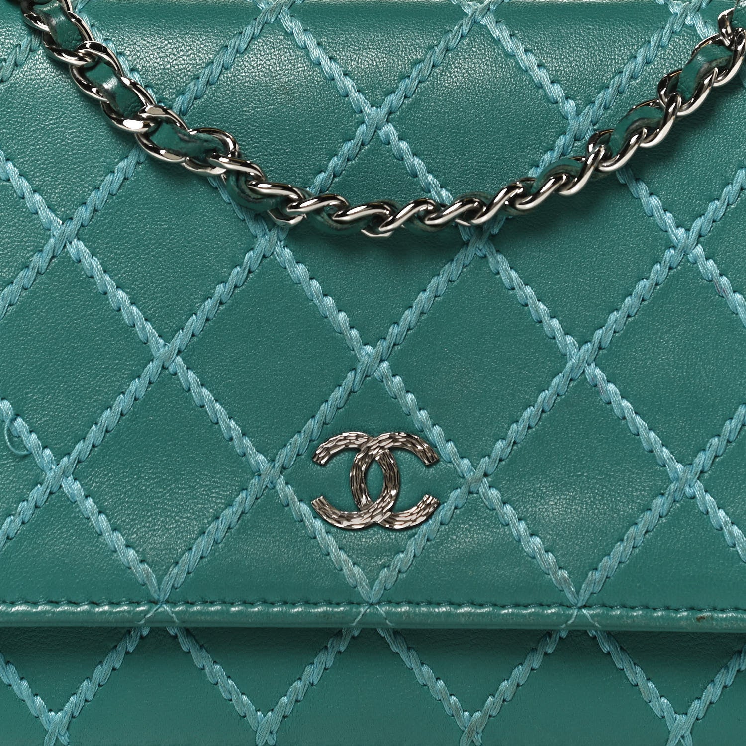 Chanel Calfskin Diamond Stitch Wallet On Chain WOC Turquoise 8 of 13