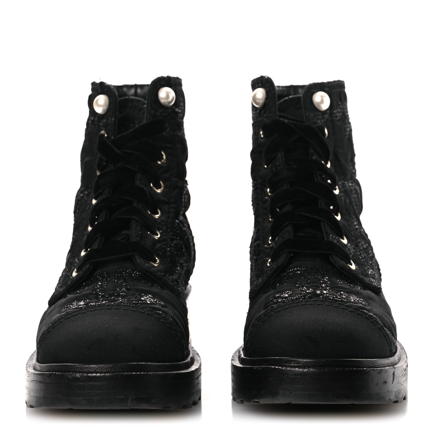 Grosgrain Tweed Pearl CC Combat Short Boots 39 Black