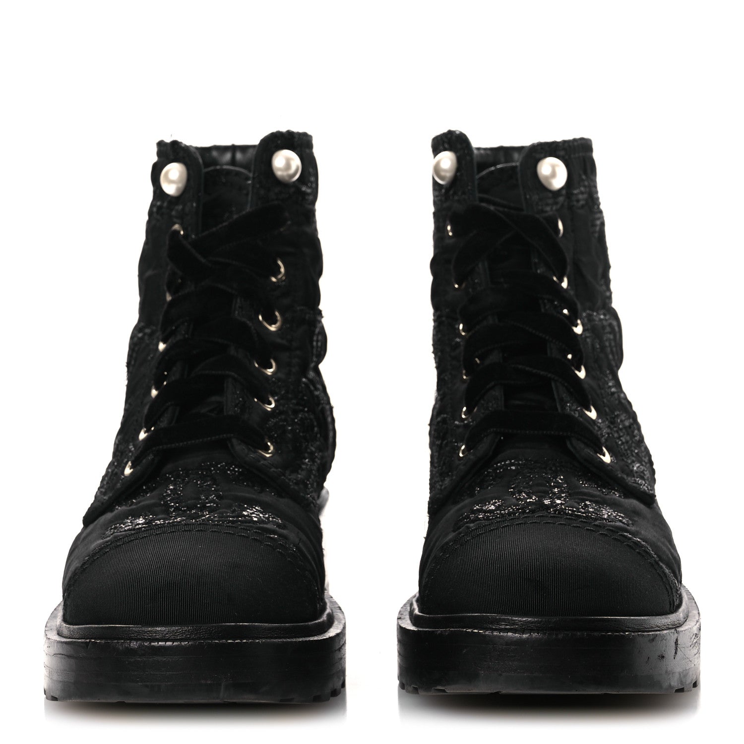 Chanel Grosgrain Tweed Pearl CC Combat Short Boots 39 Black 3 of 13