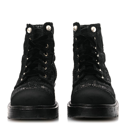 Chanel Grosgrain Tweed Pearl CC Combat Short Boots 39 Black 3 of 13