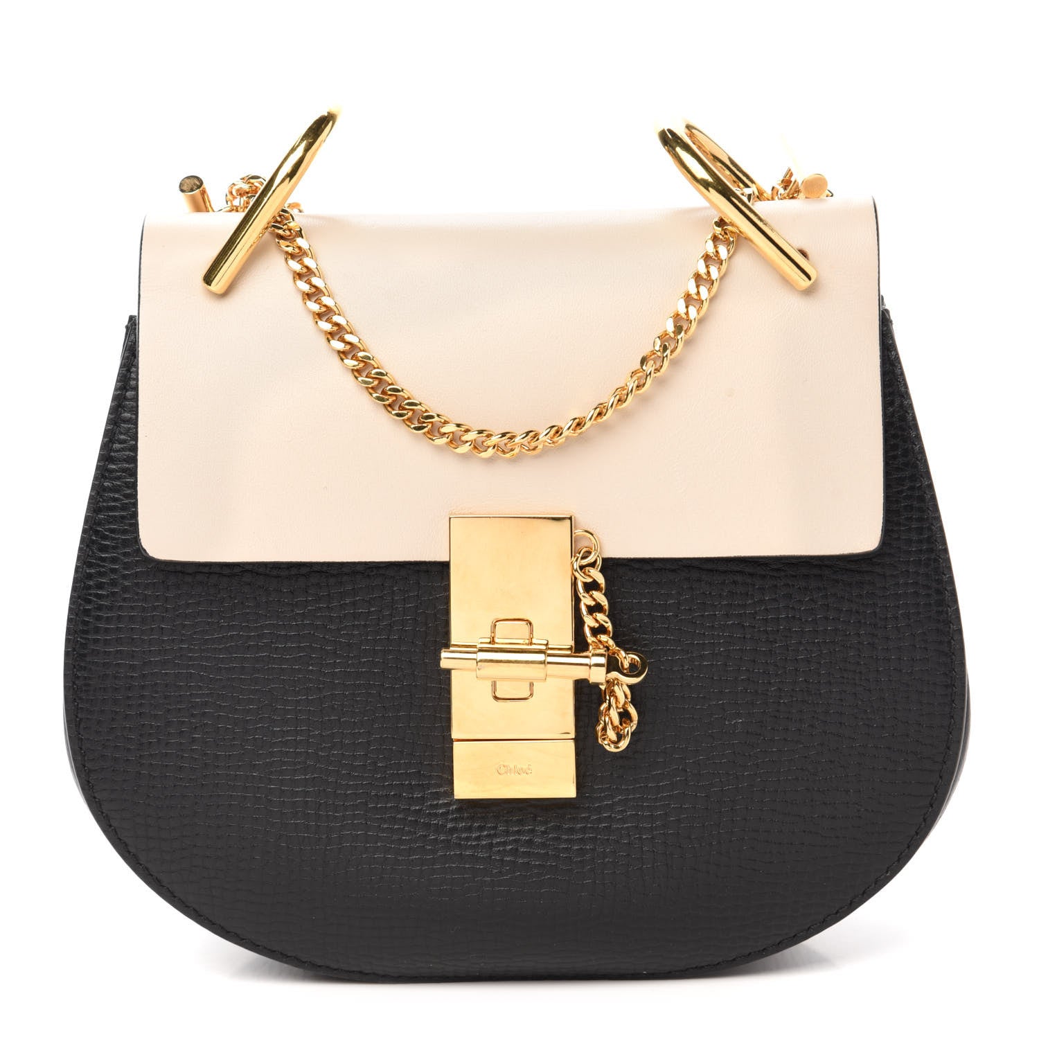 Chloe Grained Calfskin Lambskin Mini Bi-Color Drew Shoulder Bag Black Powder Beige 1 of 10