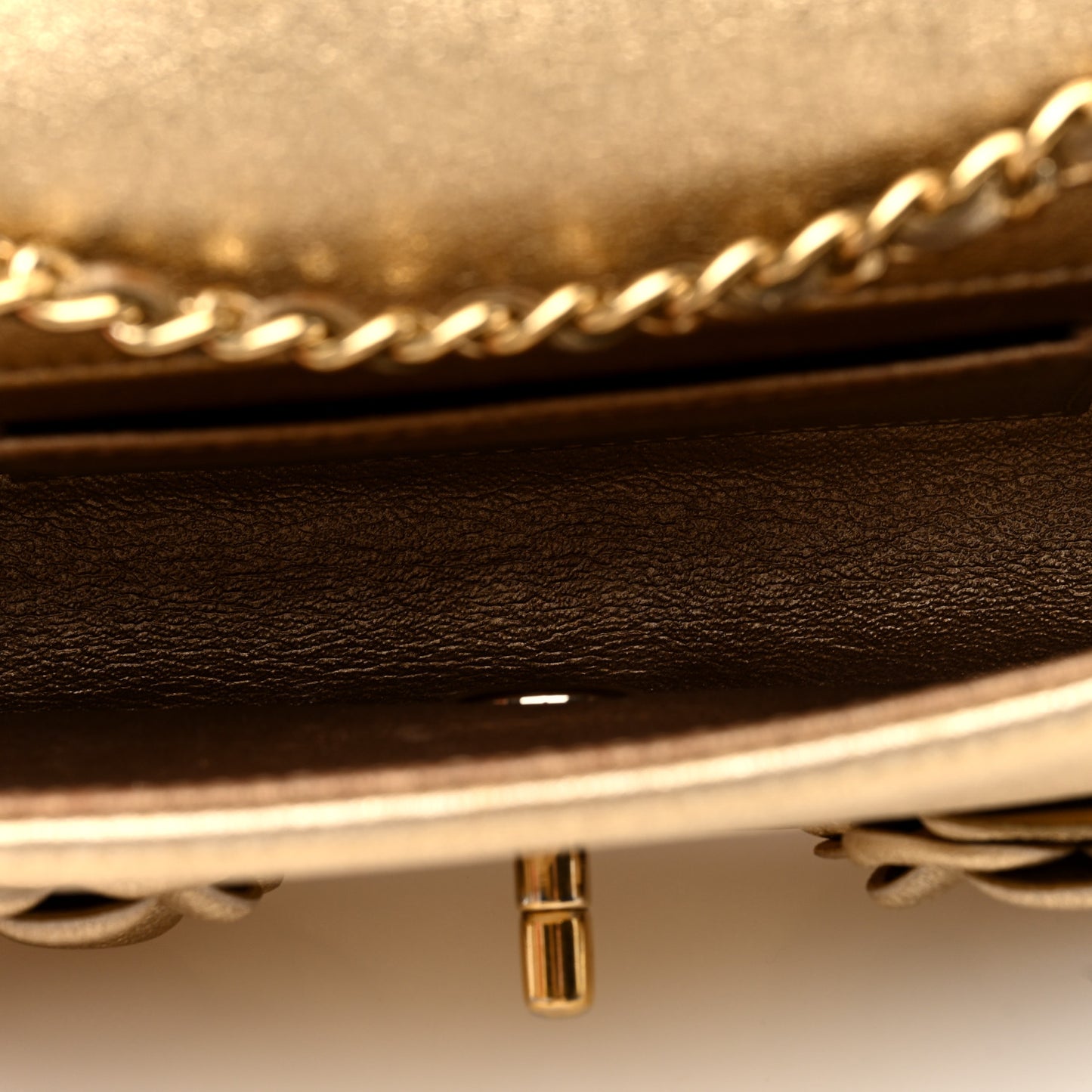 Metallic Lambskin Quilted Mini Camellia Flap Gold